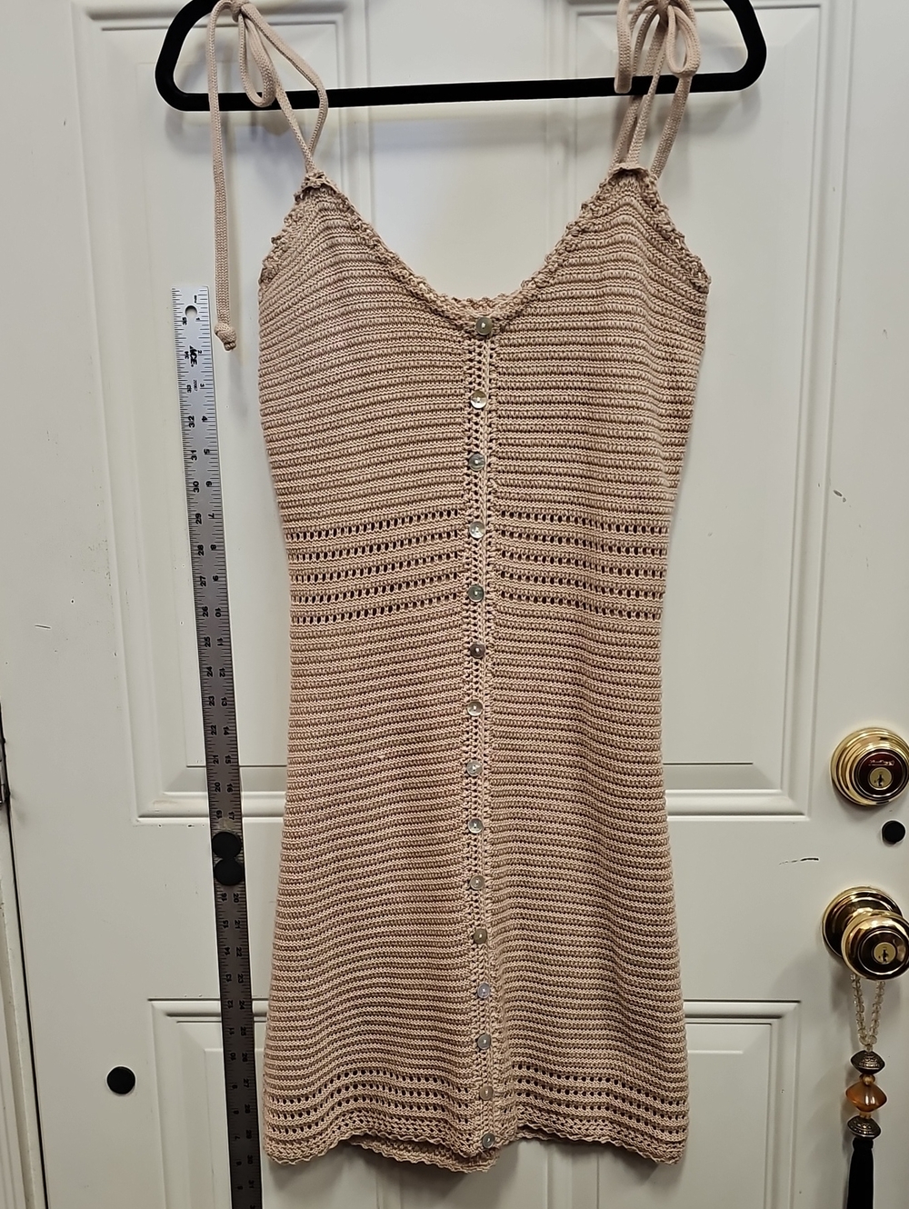 Olive & Oak Crochet Button-Front Mini Dress in Beige
